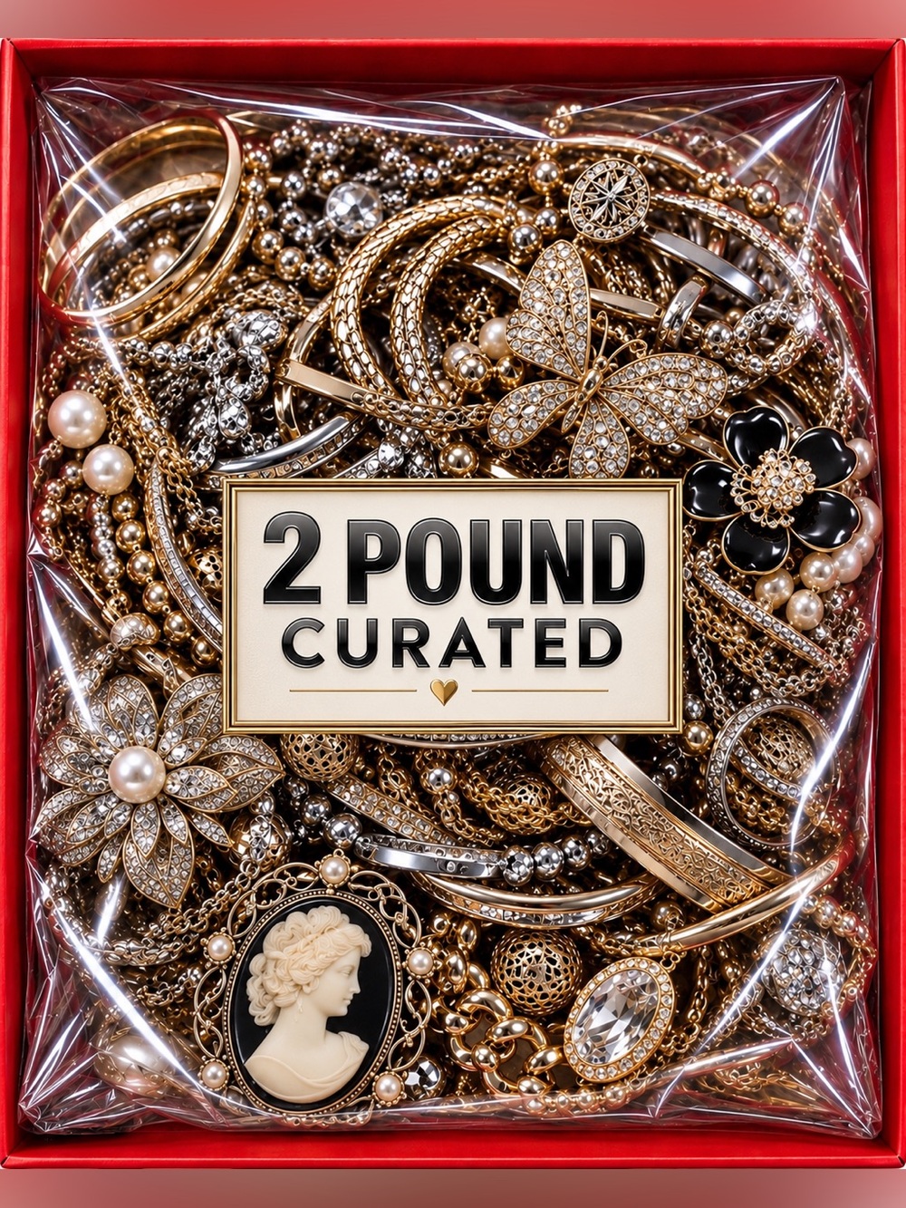 2 LB Curated Jewelry Lot Gold Silver Brooches Pearls Rhinestones Reseller